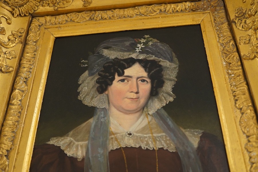 Regency School, circa 1800, Head and shoulders portrait of a lady wearing a bonnet, unsigned, oil on millboard, 24 x 19cm, ornate gilt frame